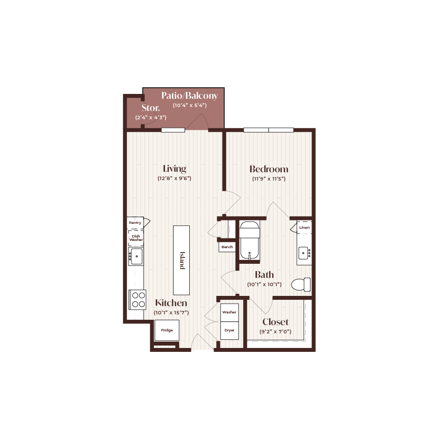 Rendering of the A1 ANSI floor plan with 1 bedroom[s] and 1 bathroom[s] at Soltra Firewheel