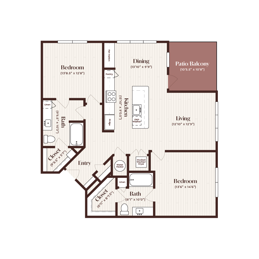 Rendering of the B3 floor plan with 2 bedroom[s] and 2 bathroom[s] at Soltra Firewheel
