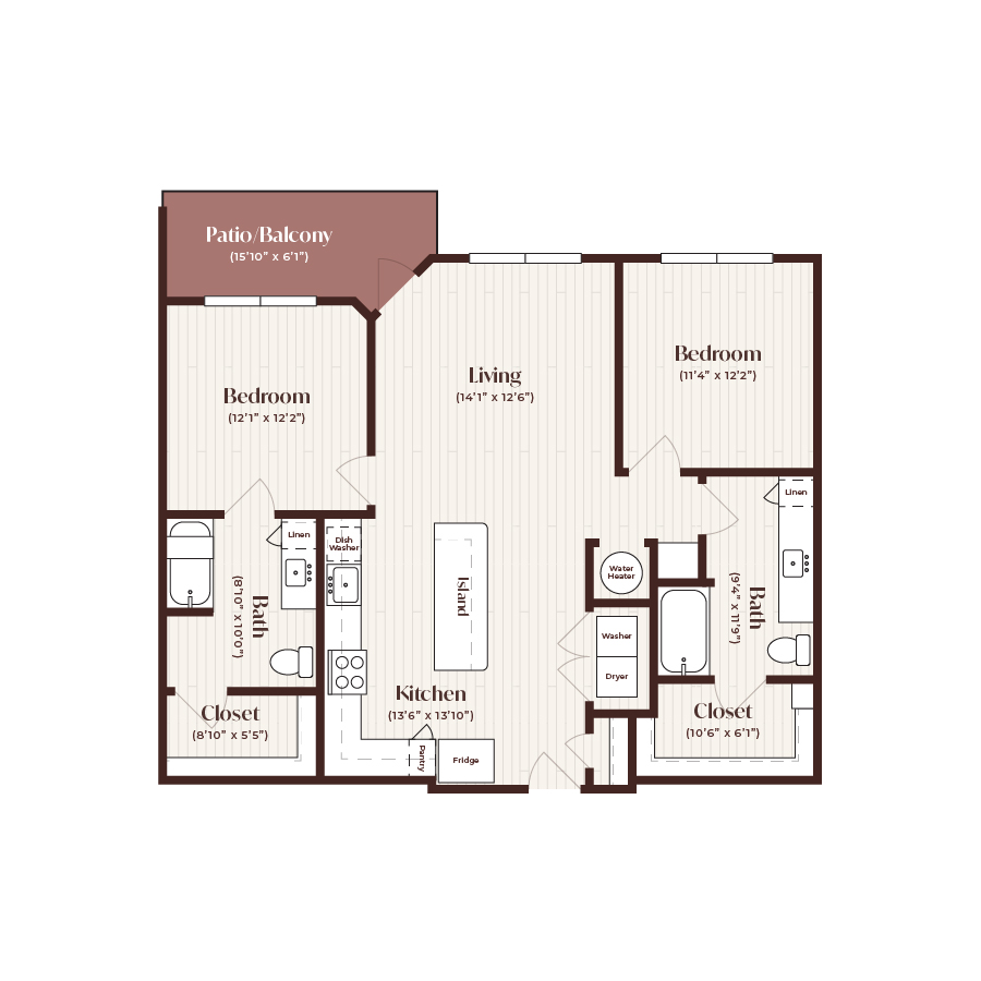 Rendering of the B1 ANSI floor plan with 2 bedroom[s] and 2 bathroom[s] at Soltra Firewheel