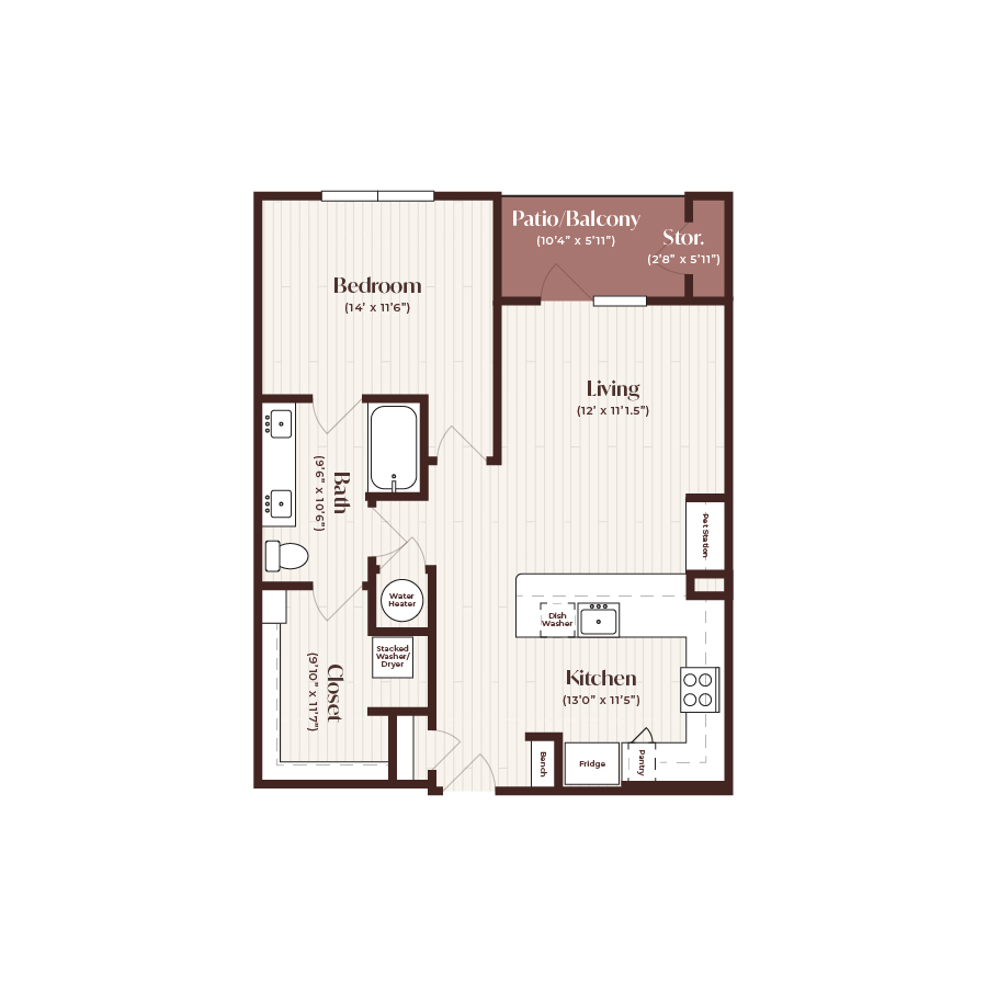 Rendering of the A5 floor plan with 1 bedroom[s] and 1 bathroom[s] at Soltra Firewheel