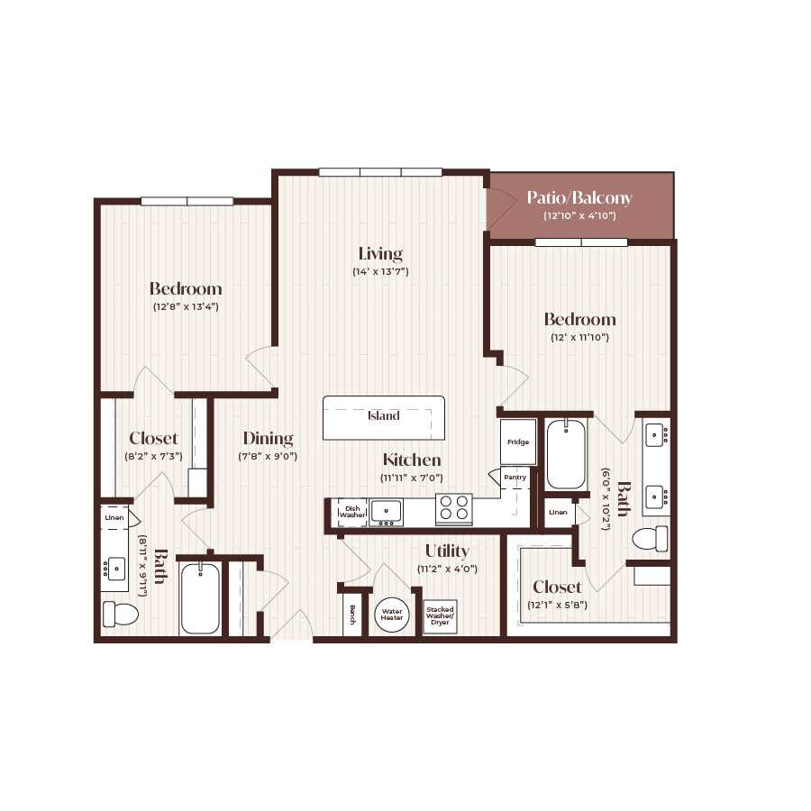 Rendering of the B2 floor plan with 2 bedroom[s] and 2 bathroom[s] at Soltra Firewheel