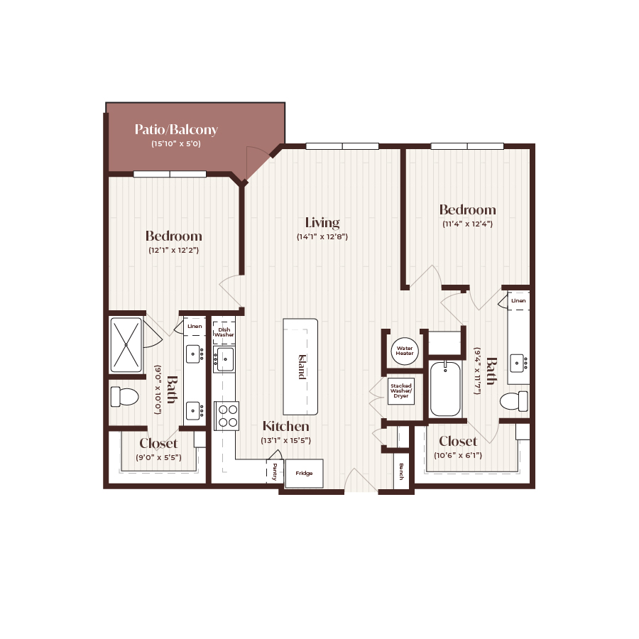 Rendering of the B1 floor plan with 2 bedroom[s] and 2 bathroom[s] at Soltra Firewheel