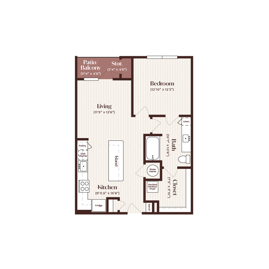 Rendering of the A2 floor plan with 1 bedroom[s] and 1 bathroom[s] at Soltra Firewheel