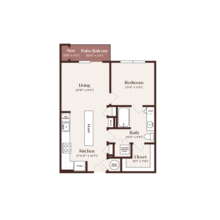 Rendering of the A1 floor plan with 1 bedroom[s] and 1 bathroom[s] at Soltra Firewheel