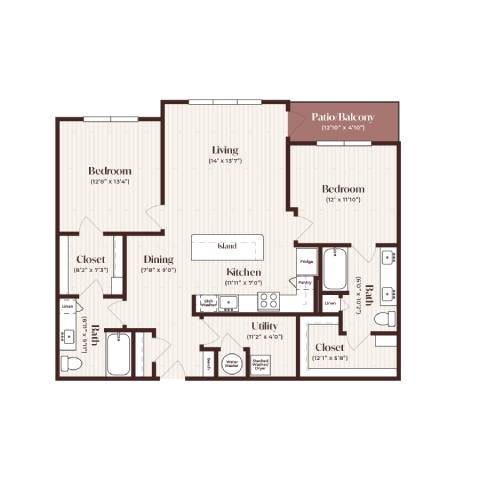 Rendering of the B3 floor plan with 2 bedroom[s] and 2 bathroom[s] at Soltra Firewheel