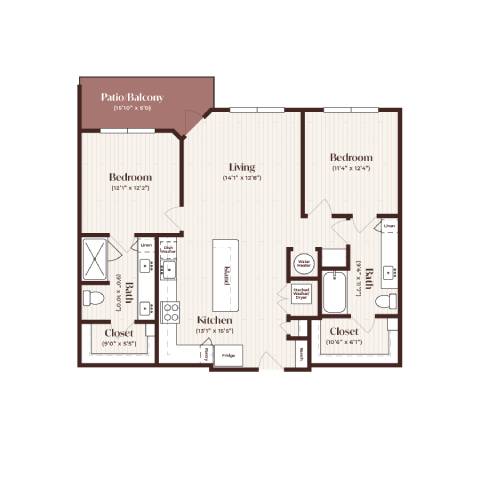 Rendering of the B1 floor plan with 2 bedroom[s] and 2 bathroom[s] at Soltra Firewheel