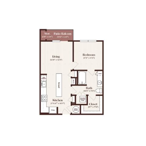 Rendering of the A1 floor plan with 1 bedroom[s] and 1 bathroom[s] at Soltra Firewheel